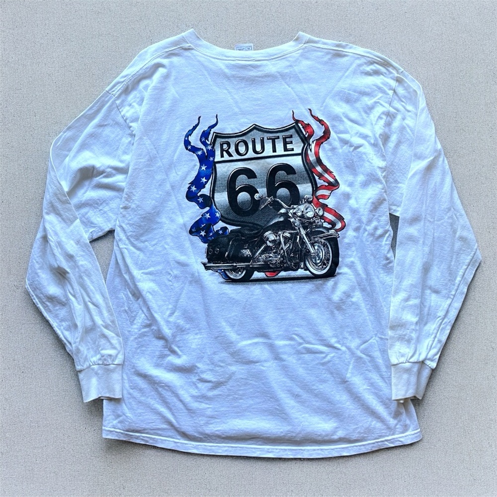 Vintage Y2K Route 66 Long Sleeve Biker Tee flames motorcycle Harley  2000s